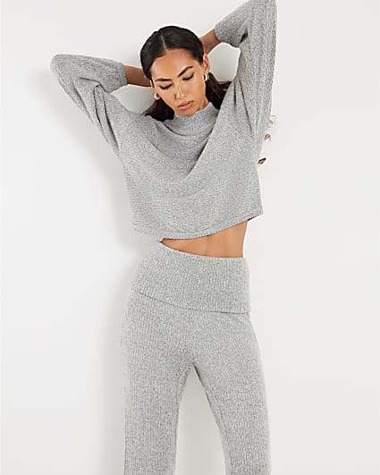 Grey Ribbed Batwing Knitted Set