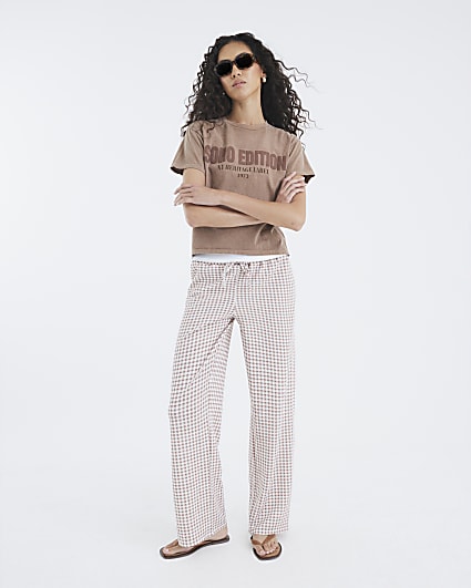 Beige Gingham Wide Leg Trousers