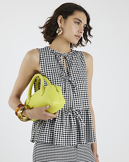 Black Gingham Tie Front Peplum Top