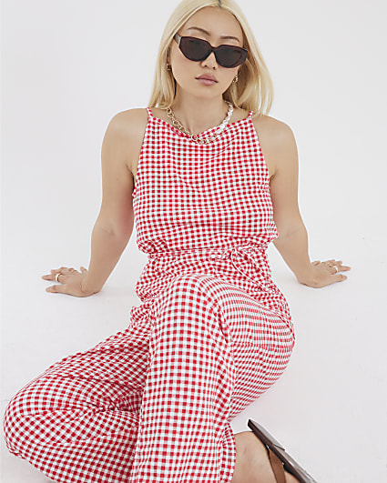 Red Sleeveless Gingham Tie Waist Tunic Top