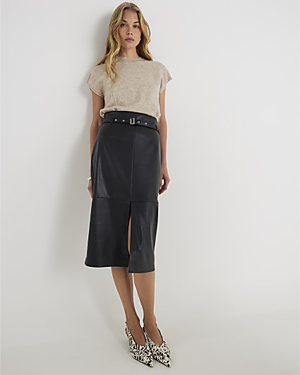 Black Faux Leather Belted Midi Skirt