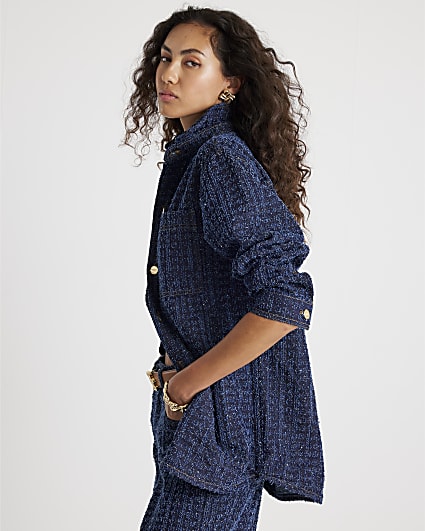 Blue Denim Boucle Long Sleeve Shacket