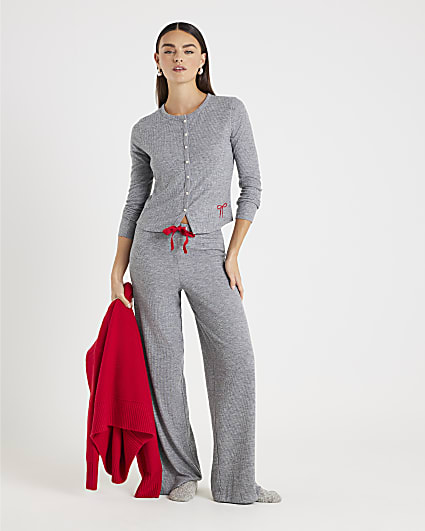 Grey Ribbed Button Up Pyjama Set