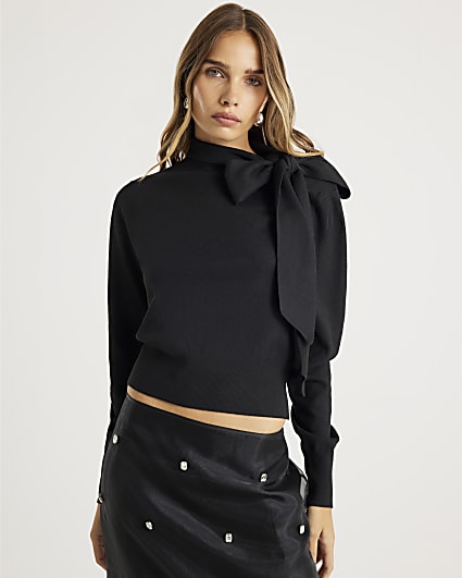 Black Knit Neck Bow Tie Jumper