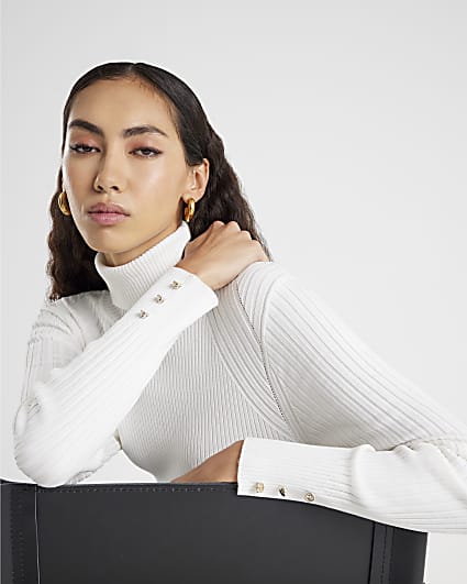 White Knitted Ribbed Roll Neck Top
