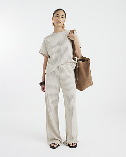 Petite Gold Knit Ribbed Wide Leg Trousers