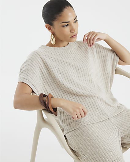 Petite Gold Short Sleeve Knit Ribbed T-shirt