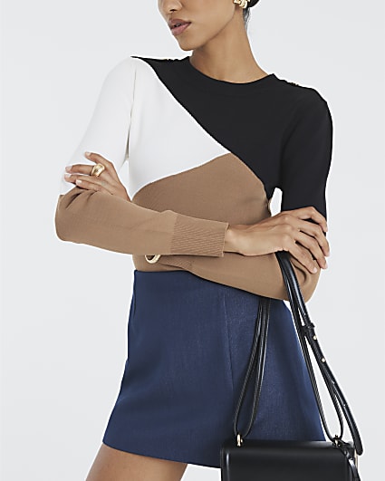 Beige Knit Long Sleeve Block Colour Top