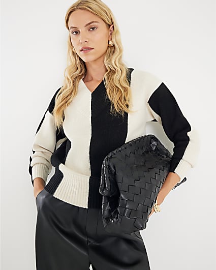 Black V Neck Striped Jumper