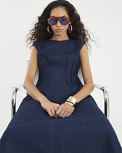 Blue Denim Pintuck Stretch Denim Midi Dress