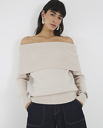 Cream Knitted Bardot Jumper