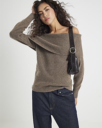 Brown Knitted Bardot Jumper