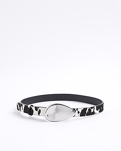 Cream Suede Cow Print Buckle Belt