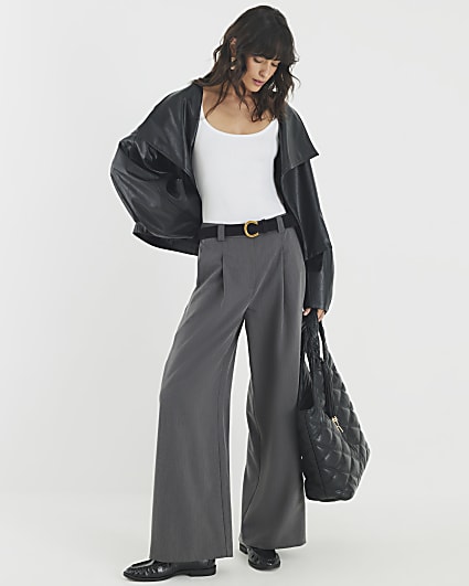 Grey Belted Wide Leg Trousers