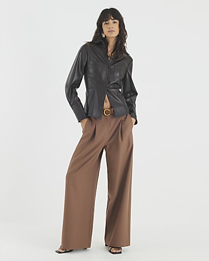 Brown Belted Wide Leg Trousers