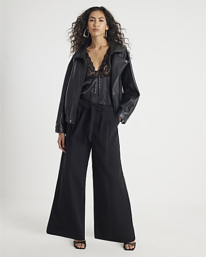 Black Tie Waist Wide Leg Trousers
