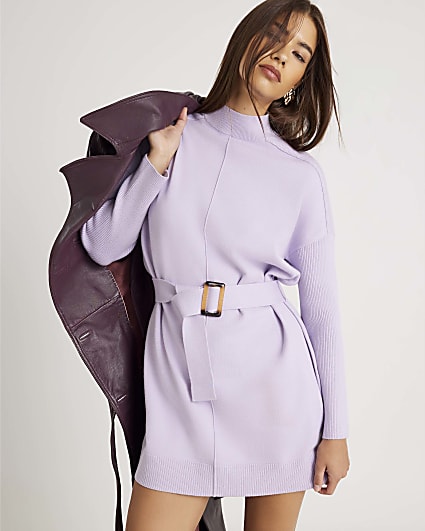 Purple Long Sleeve Belted Jumper Dress
