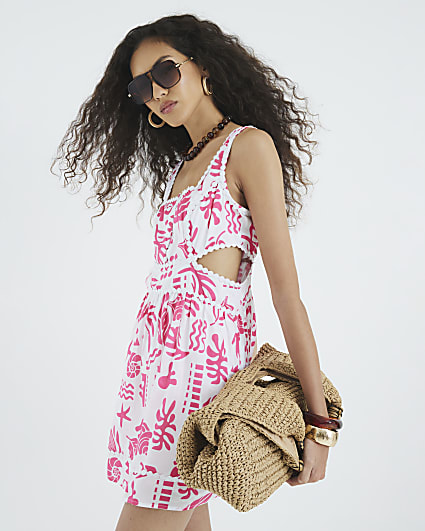 Pink Sleeveless Cut Out Printed Mini Dress