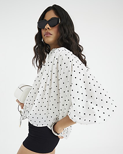 White Long Sleeve Polka Dot Print Blouse