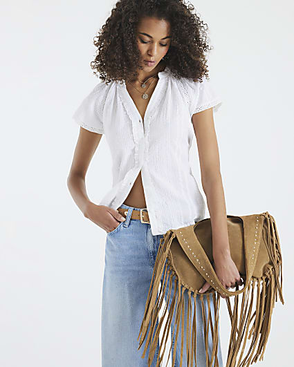 White Short Sleeve Frill V Neck Top