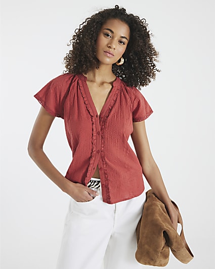 Red Short Sleeve Frill V Neck Top