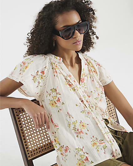 Cream Floral Short Sleeve Frill V Neck Top