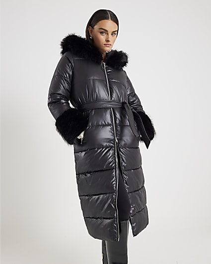 Black Faux Fur Trim Hooded Padded Coat