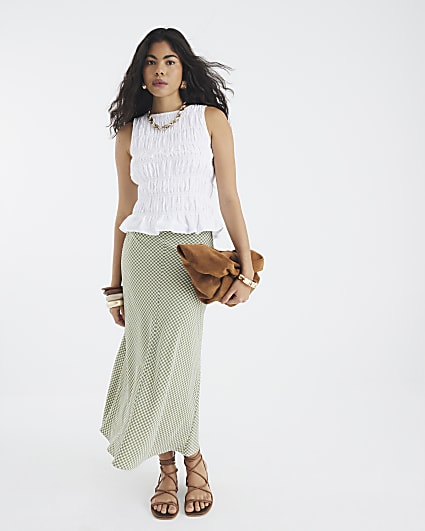 Khaki Gingham Midi Skirt
