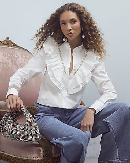 White Diamante Embellished Ruffle Shirt