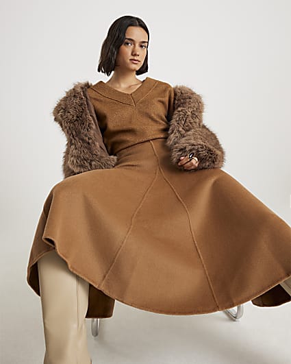 Brown Godet Wool Blend Midi Skirt