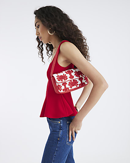 Red Sleeveless Peplum Panel Top