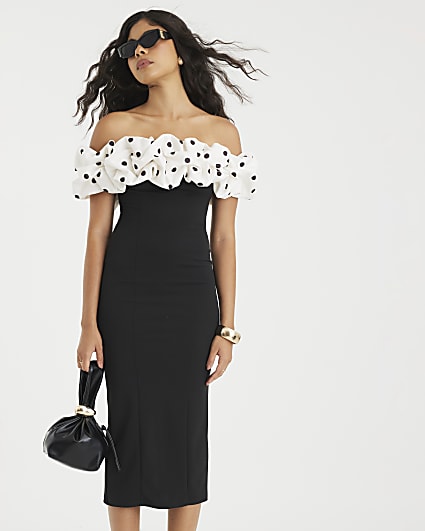 Black Ruffle Bardot Midi Dress