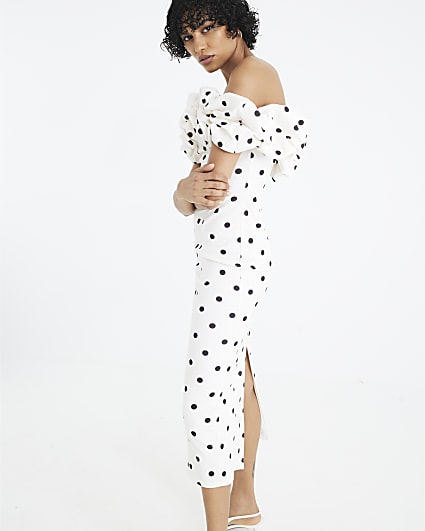 Cream Polka Dot Ruffle Bardot Midi Dress