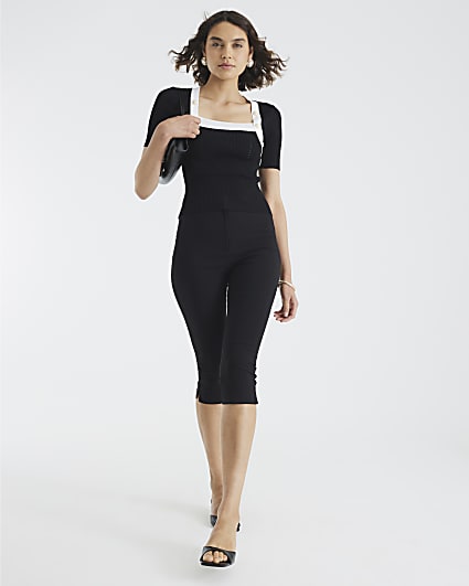 Black Knit Short Sleeve Button Detail Top
