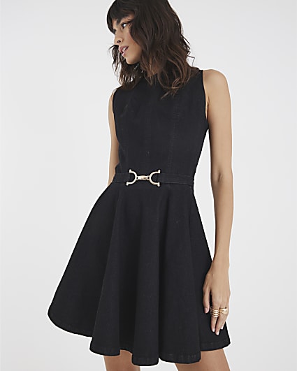 Black Denim Sleeveless Belted Skater Dress