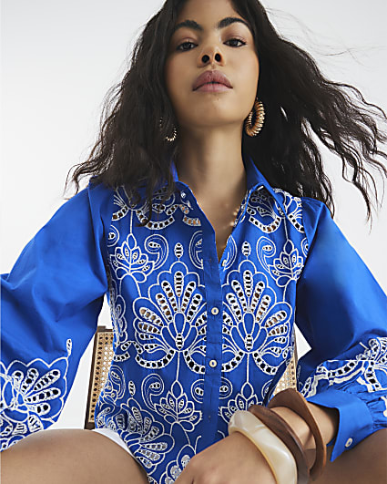 Blue Long Sleeve Cutwork Shirt