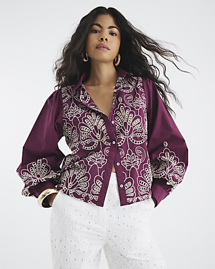 Red Long Sleeve Cutwork Shirt