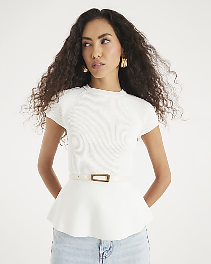 Cream Knitted Short Sleeve Belted Peplum Top