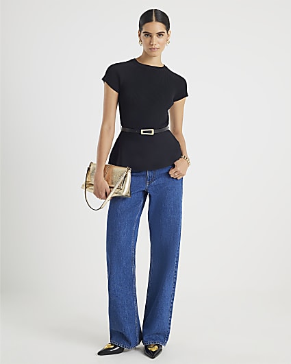 Black Knit Short Sleeve Belted Peplum Top