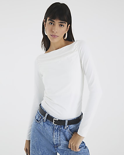 White Long Sleeve Ruched Drape Top