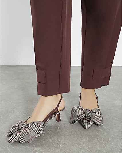 Brown Check Slingback Bow Court Heels