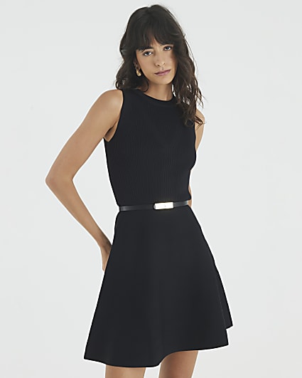 Black Knitted Sleeveless Belted Mini Dress