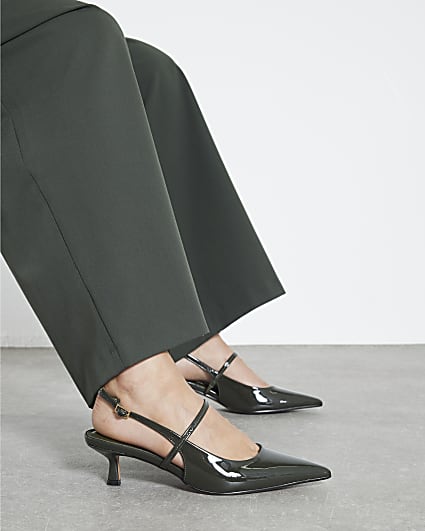 Khaki Patent Slingback Kitten Heels