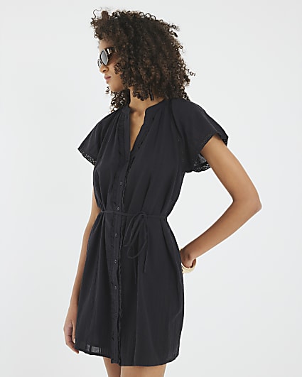 Black Short Sleeve Lace Detail Mini Dress