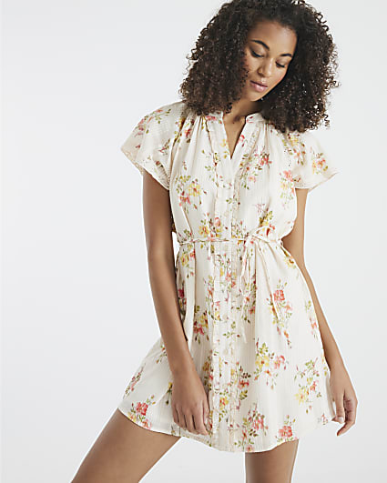 Cream Floral Short Sleeve V Neck Mini Dress