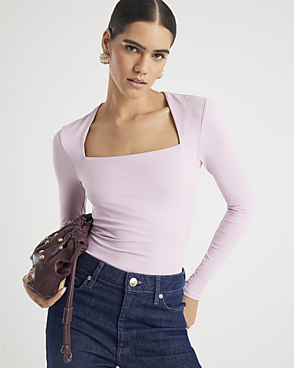 Pink Long Sleeve Square Neck Bodysuit