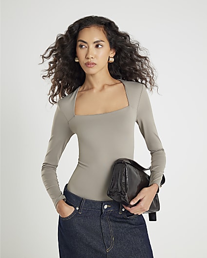 Green Long Sleeve Square Neck Bodysuit