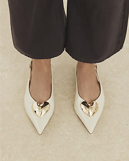Cream Heart Slingback Flat Shoes