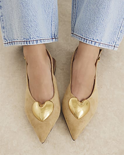 Beige Heart Slingback Flat Shoes