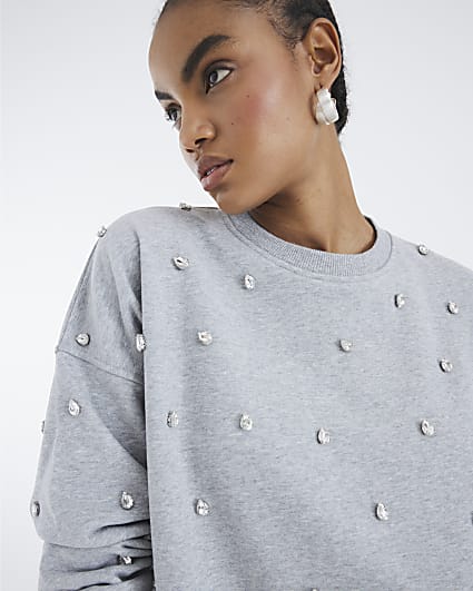 Grey Long Sleeve Diamante Sweatshirt